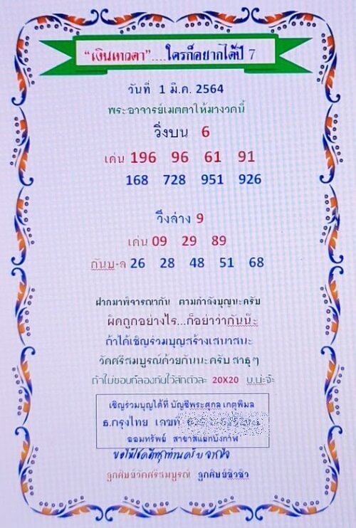 หวยเงินเทวดา 01/03/64