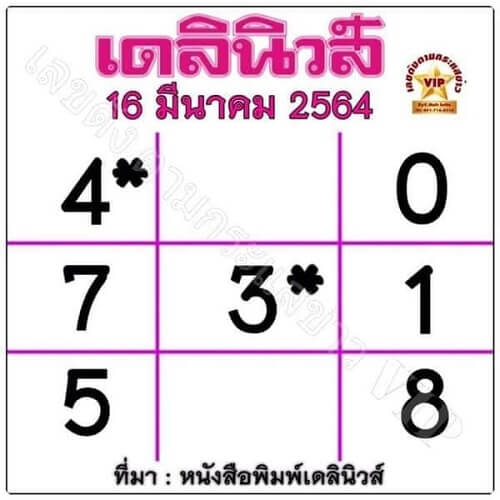หวยเดลินิวส์ 16/03/64
