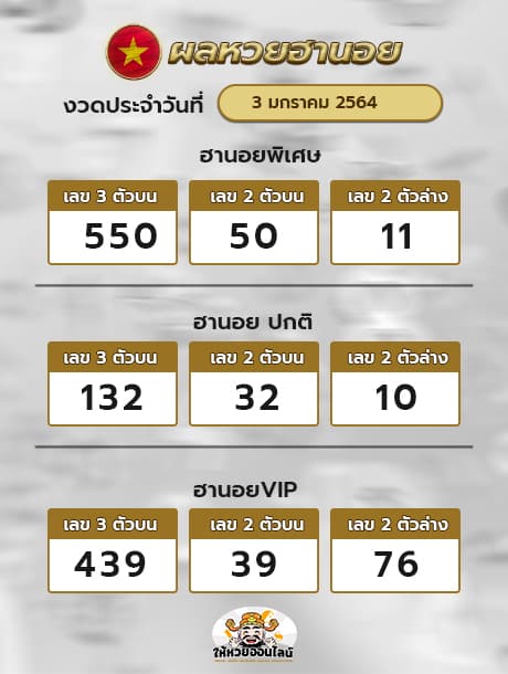 ตรวจหวยฮานอย 3/1/64