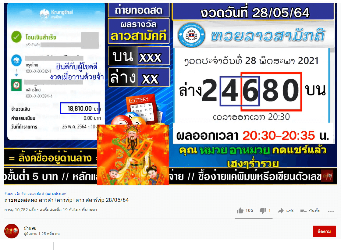 ยูทูปบ้าน 96 ถ่ายทอดสดหวยลาว