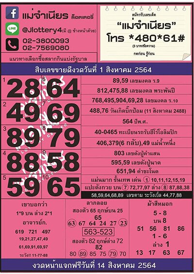 หวยแม่จำเนียร 1/8/64